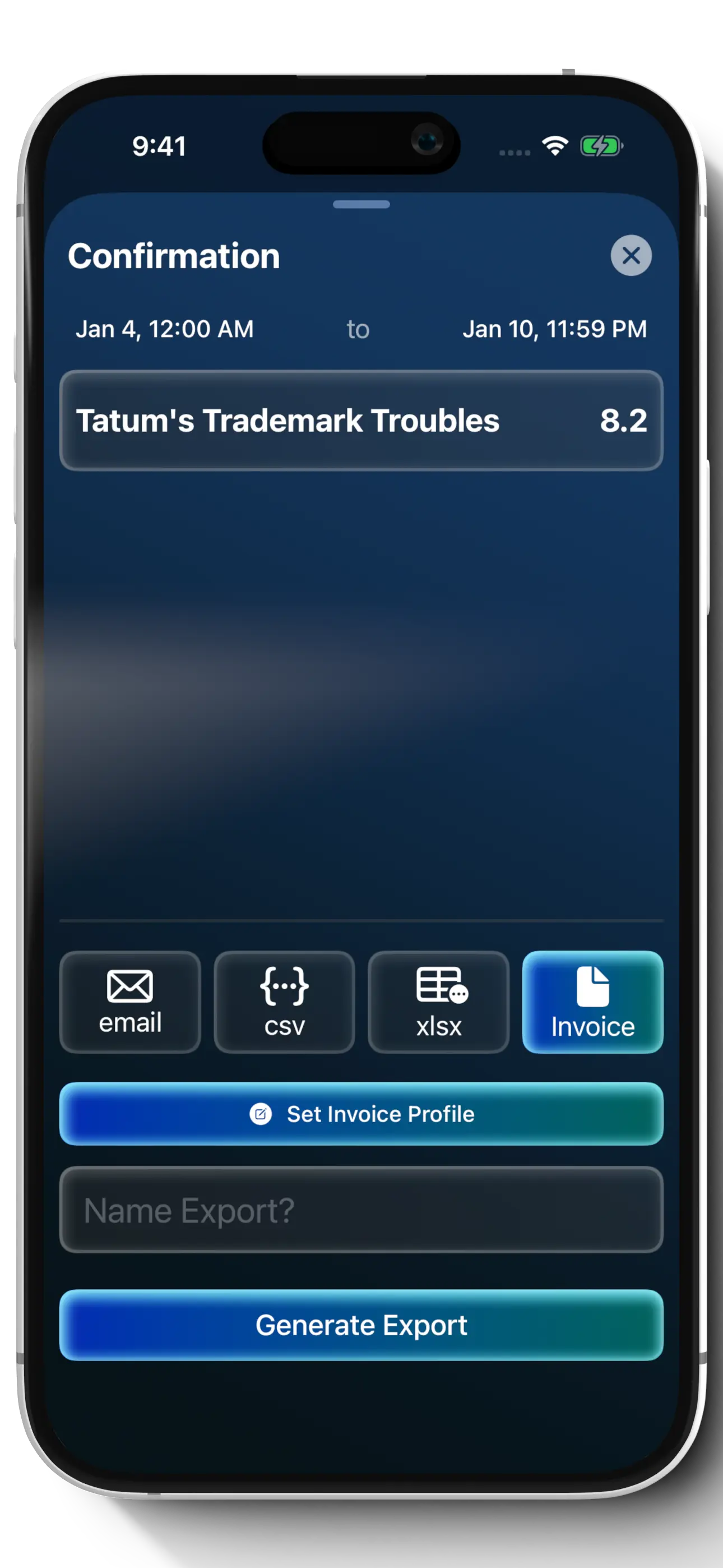 Tenths export screen with email, CSV, XLSX, and Invoice options
