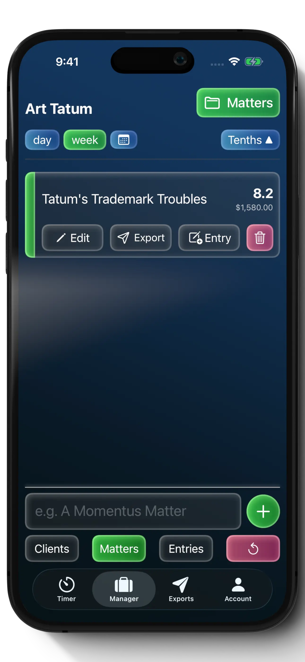 Tenths manager screen showing client and matter hierarchy