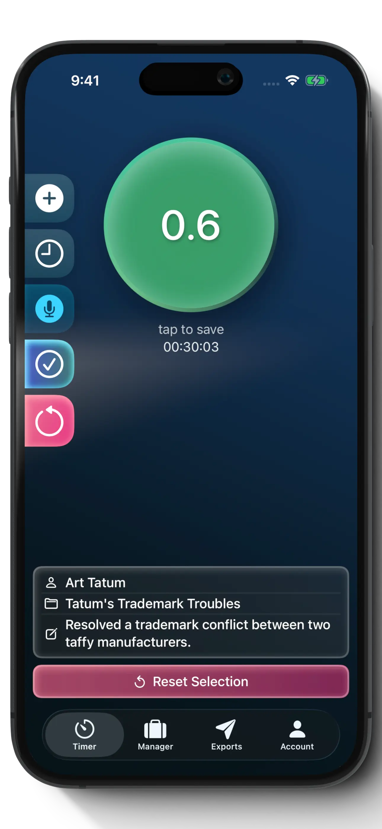 Tenths timer screen showing time tracking