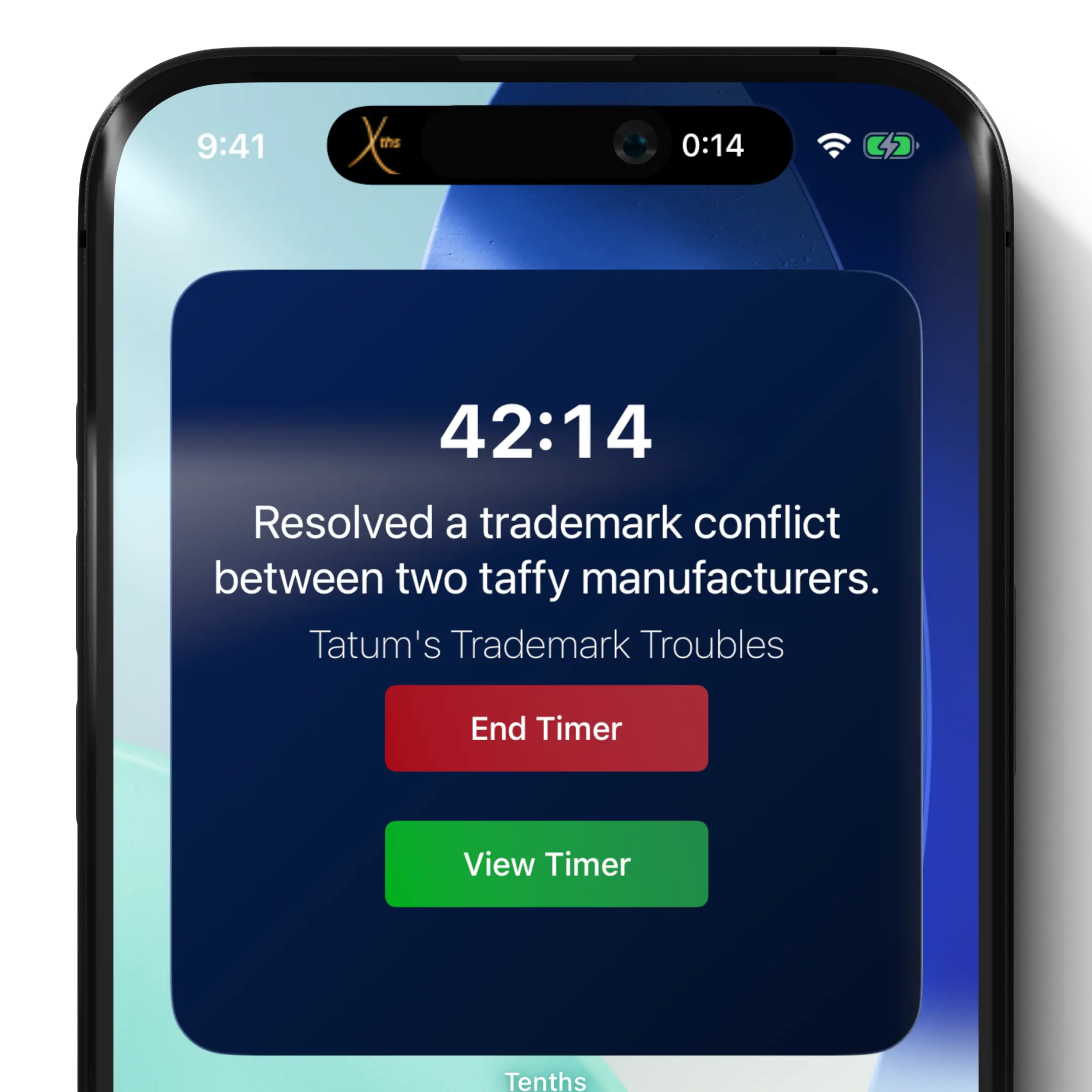 Tenths Dynamic Island and Live Activity widget showing timer