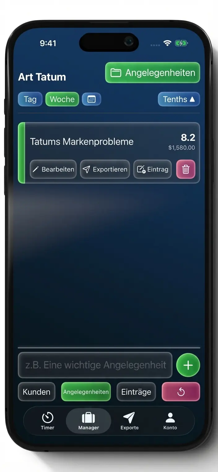 Tenths Manager-Bildschirm zeigt Mandanten- und Akten-Hierarchie