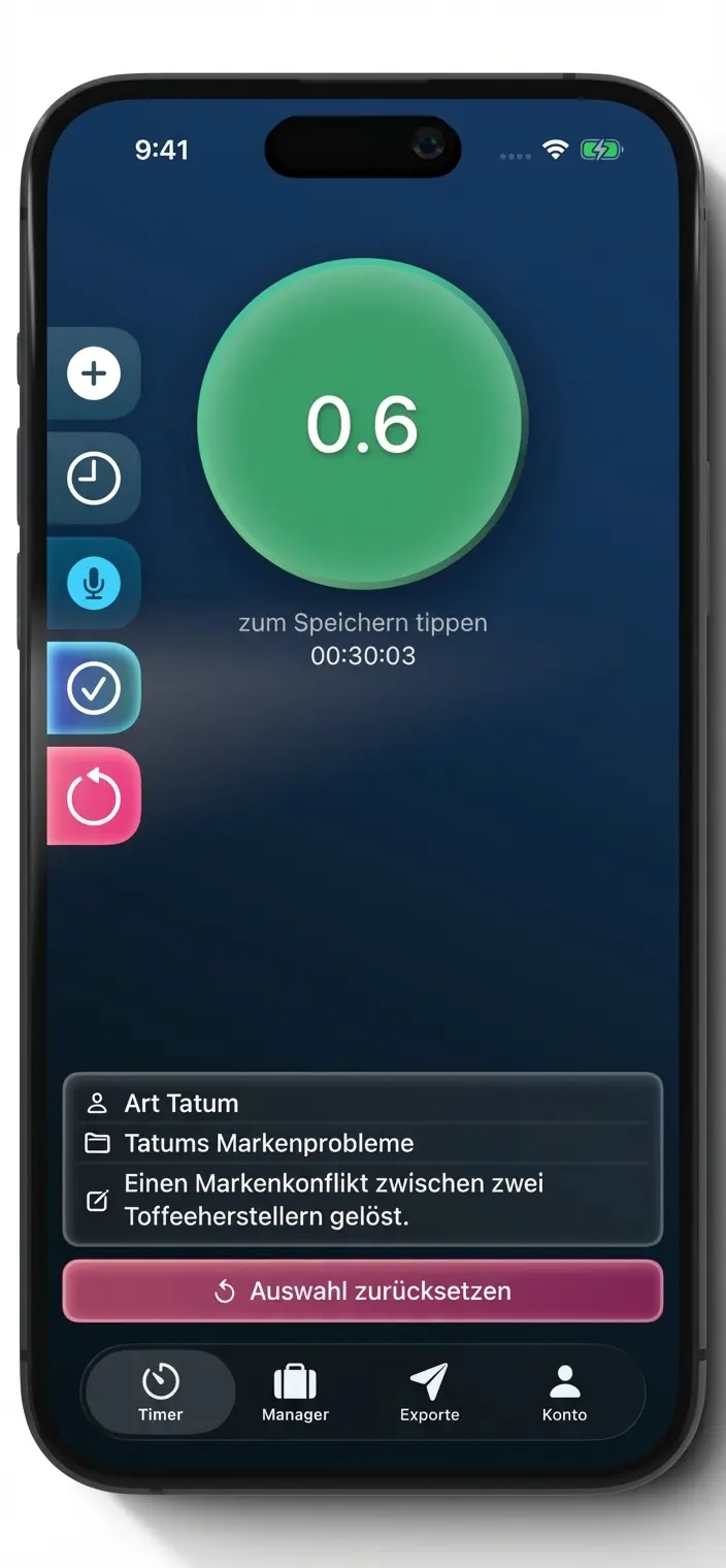 Tenths Timer-Bildschirm zeigt Zeiterfassung