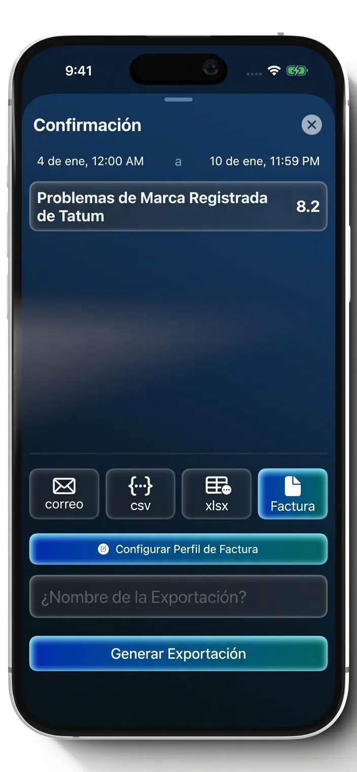 Pantalla de exportacion Tenths con opciones de correo, CSV, XLSX y Factura