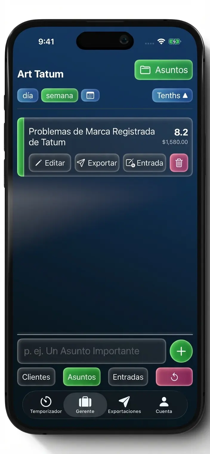 Pantalla del administrador Tenths mostrando jerarquia de clientes y asuntos