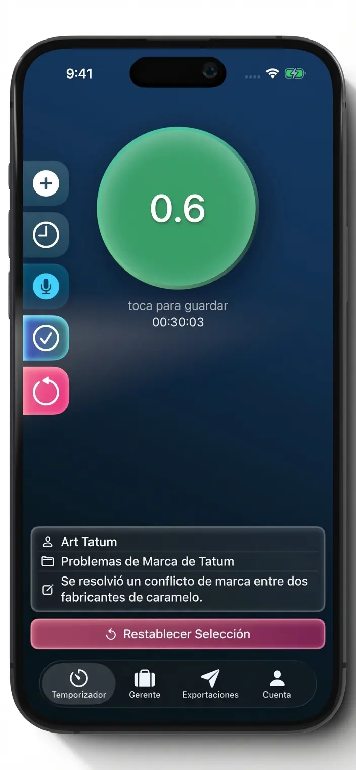 Pantalla del temporizador de Tenths mostrando el control de tiempo