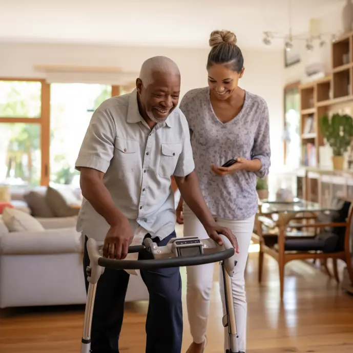 a female home health nurse assisting a patient with mobility therapy