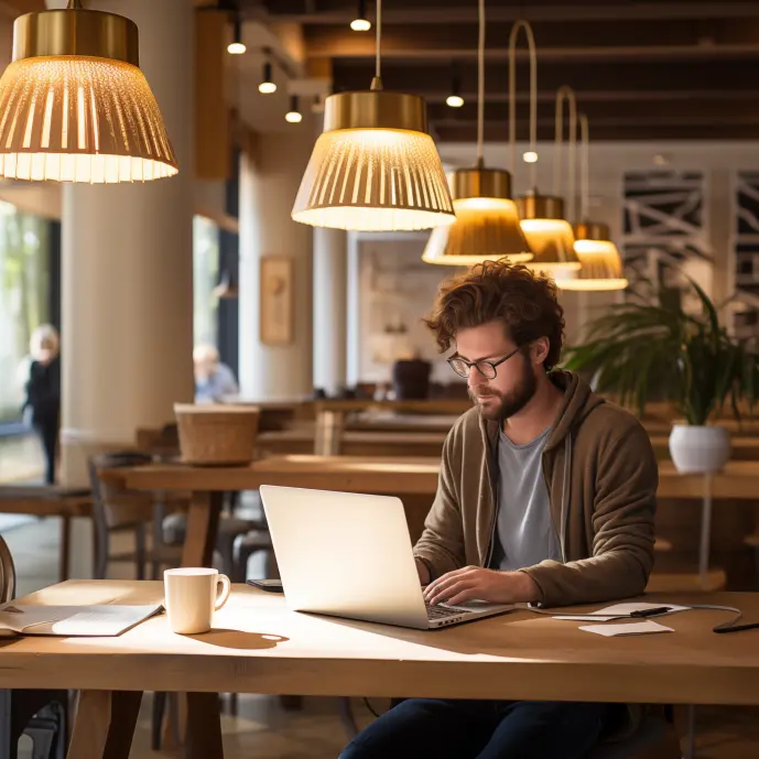 a photographer or a software engineer working on a laptop in a coffee shop