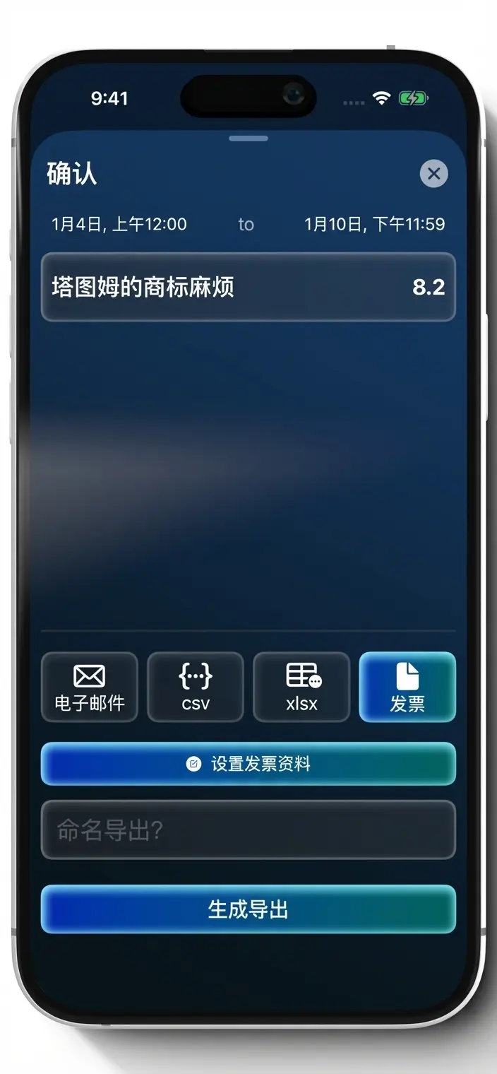 Tenths 导出界面显示邮件、CSV、XLSX 和发票选项